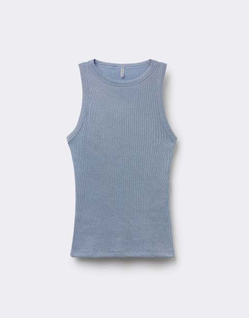 Intimissimi Ribbed lamé cotton vest top in breeze blue lame, 5 of 6