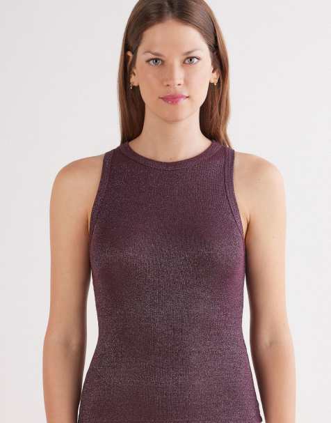 Intimissimi Ribbed lamé cotton vest top in burgundy lame - view 1