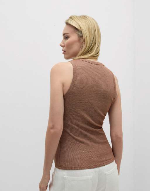 Intimissimi Ribbed lamé cotton vest top in caramel lame, 2 of 4