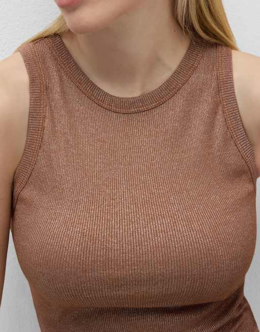 Intimissimi Ribbed lamé cotton vest top in caramel lame, 3 of 4