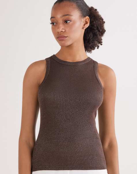 Intimissimi Ribbed lamé cotton vest top in lamé brown