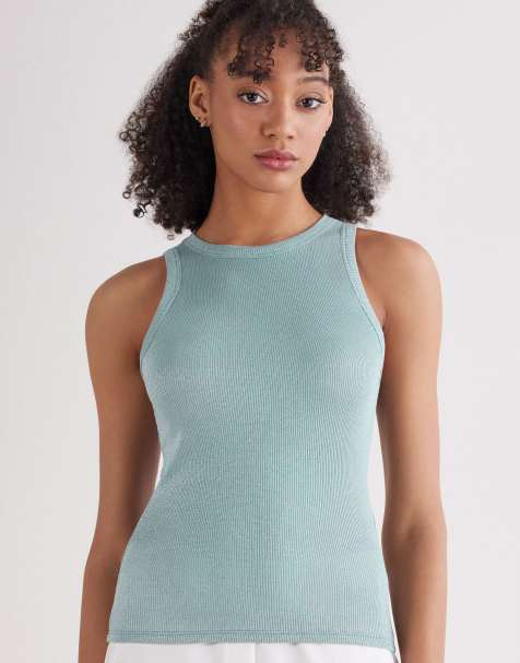 Intimissimi Ribbed lamé cotton vest top in lamè green