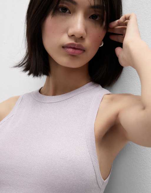 Intimissimi Ribbed lamé cotton vest top in quartz lilac lame, 3 of 4