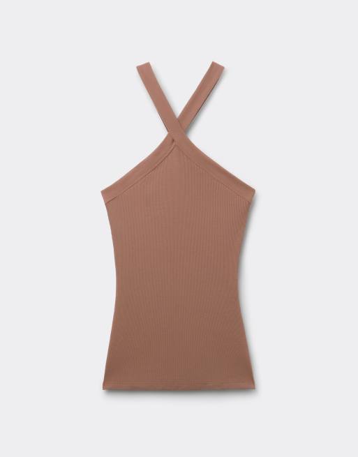 Intimissimi Ribbed superior cotton crossover cami in caramel, 5 of 6