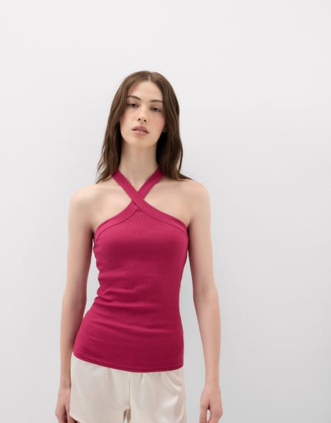Intimissimi Ribbed superior cotton crossover cami in cherry pink - view 1