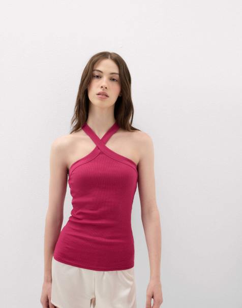 Intimissimi Ribbed superior cotton crossover cami in cherry pink