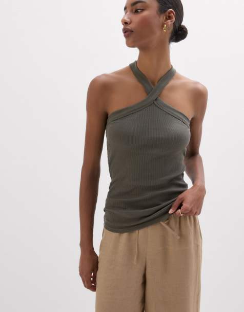 Intimissimi Ribbed superior cotton crossover cami in safari green