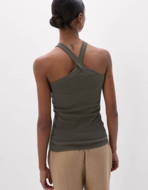 Intimissimi Ribbed superior cotton crossover cami in safari green, 2 of 6