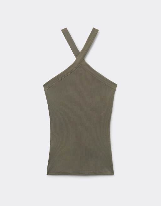 Intimissimi Ribbed superior cotton crossover cami in safari green, 5 of 6