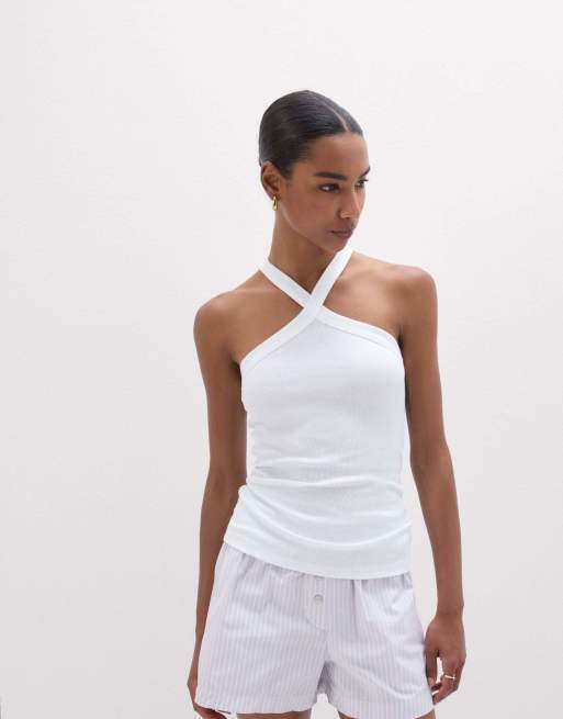 Intimissimi Ribbed superior cotton crossover cami in white, 4 of 4