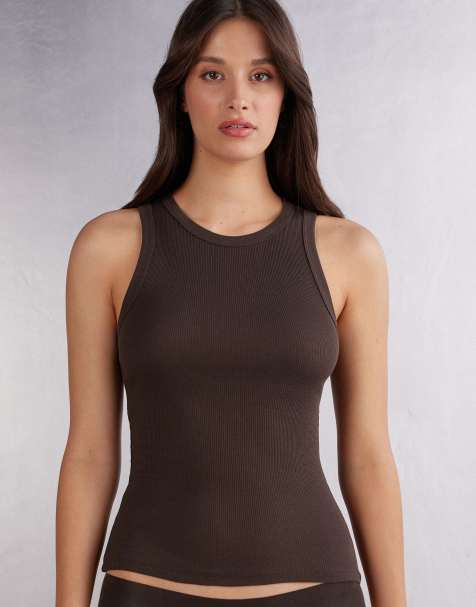 Intimissimi Ribbed superior cotton vest top in mocha brown - view 1