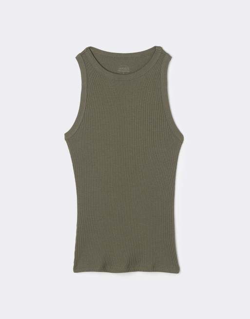 Intimissimi Ribbed superior cotton vest top in safari green, 5 of 6