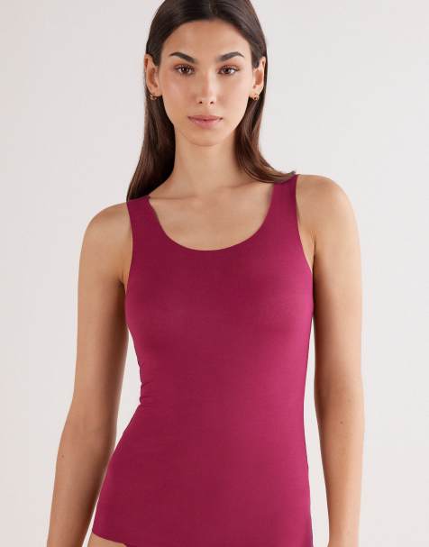 Intimissimi Round-neck raw-cut cotton vest top in beet red - view 1