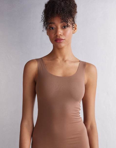 Intimissimi Round-neck raw-cut cotton vest top in caramel dark beige - view 1
