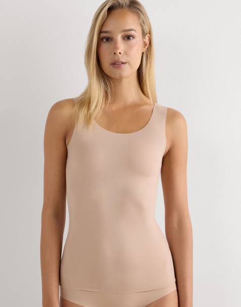 Intimissimi Round-neck raw-cut cotton vest top in honey soft beige - view 1