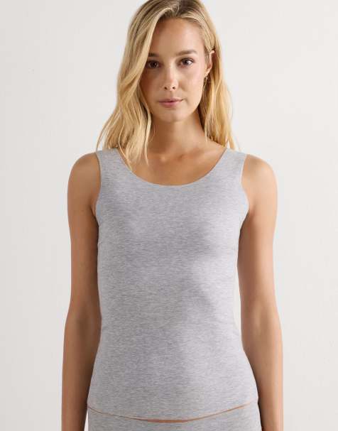 Intimissimi Round-neck raw-cut cotton vest top in light grey melange - view 1