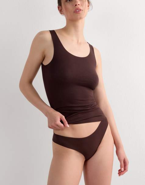 Intimissimi Round-neck raw-cut cotton vest top in mocha brown