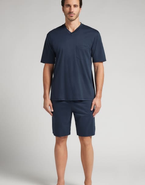 Intimissimi Short mercerised premium cotton pyjamas in navy blue - view 1