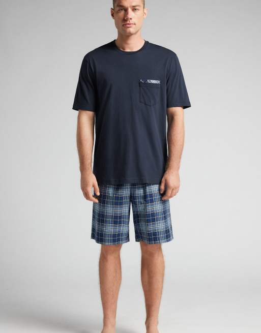 Intimissimi Short plain-weave and cotton pyjamas in check intense blue