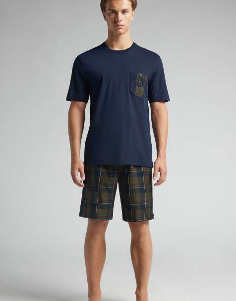 Intimissimi Short plain-weave and cotton pyjamas in night blue and tartan green - view 1