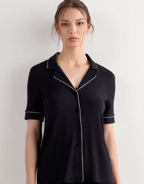 Intimissimi Short-sleeved button-down modal top in black - view 1