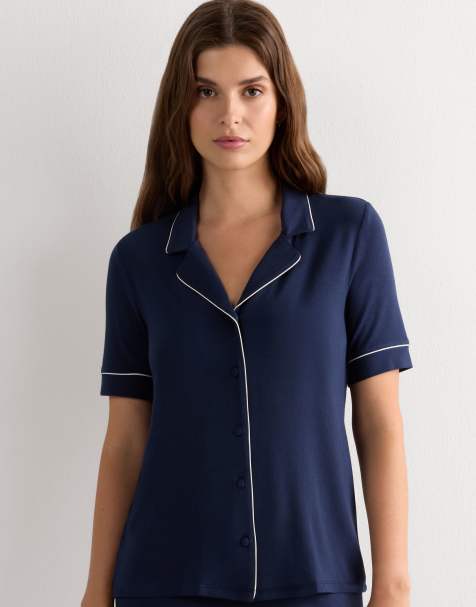 Intimissimi Short-sleeved button-down modal top in rich blue - view 1
