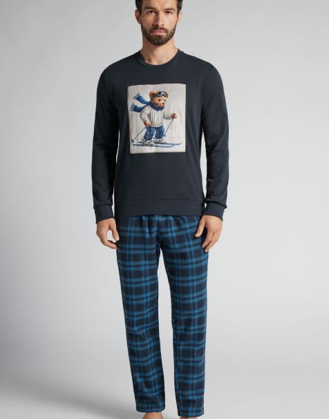 Intimissimi Ski bear print long cotton pyjamas in midnight blue - view 1