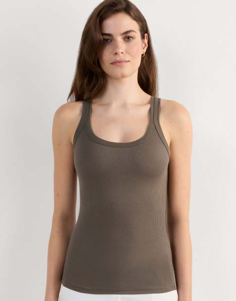 Intimissimi Superior cotton racer back vest top in safari green - view 1