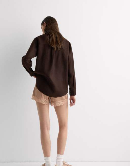 Intimissimi The pure linen plain-weave linen shirt in moka brown, 2 of 4