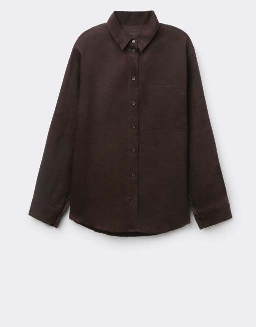 Intimissimi The pure linen plain-weave linen shirt in moka brown, 6 of 7