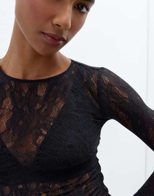 Intimissimi Top long sleeve lace stretch in black, 3 of 5