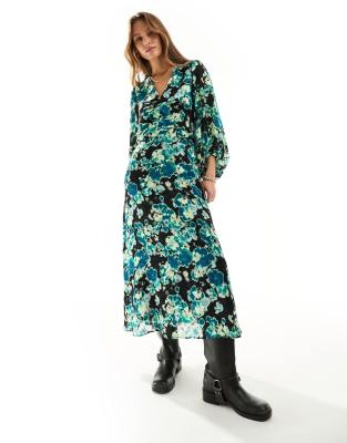 InWear Cisira long sleeve midi dress in blue floral print