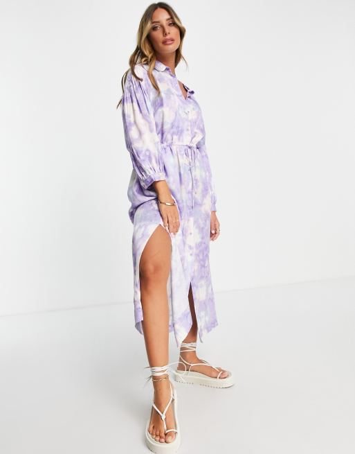 InWear – Liliowa zwiewna sukienka koszulowa z nadrukiem graficznym
