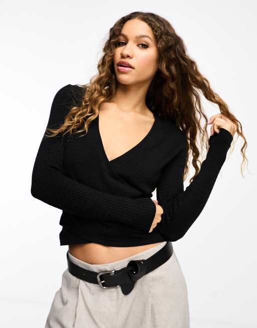 InWear - Maglione nero a portafoglio leggero con scollo a V