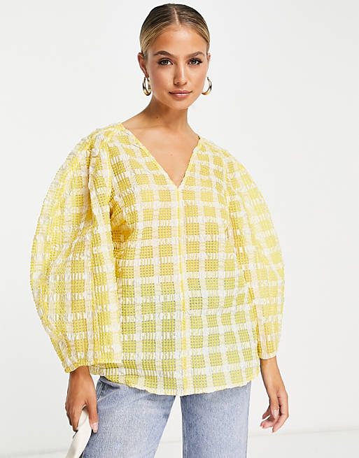 InWear Malva gingham volume sleeve blouse in yellow