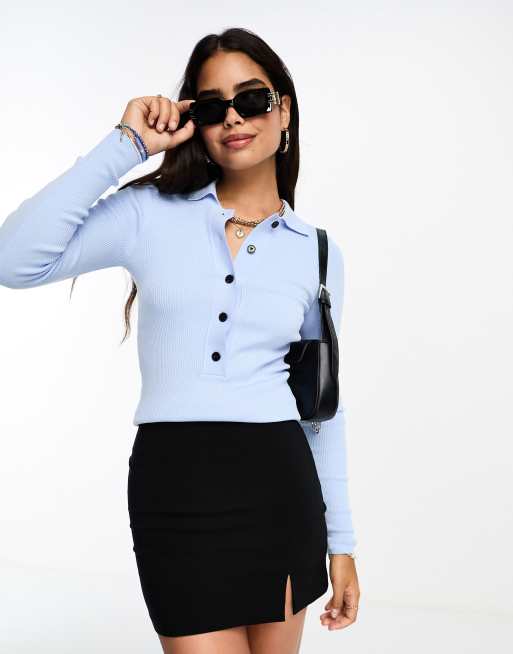 InWear Mowita fine rib button down polo top in blue