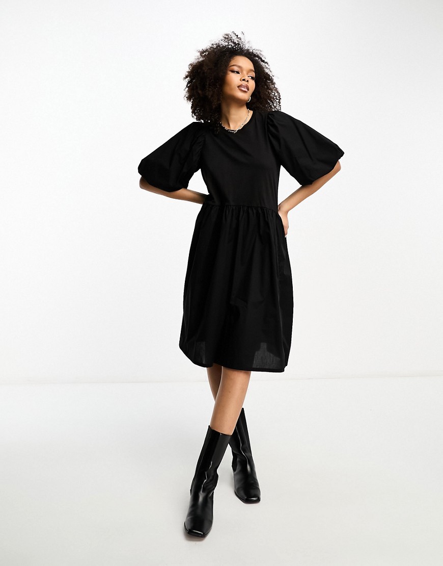 InWear puff sleeve drop waist mini smock dress in black