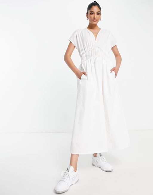 InWear – Ville – Biała bawełniana sukienka midi z wiązaniem w talii