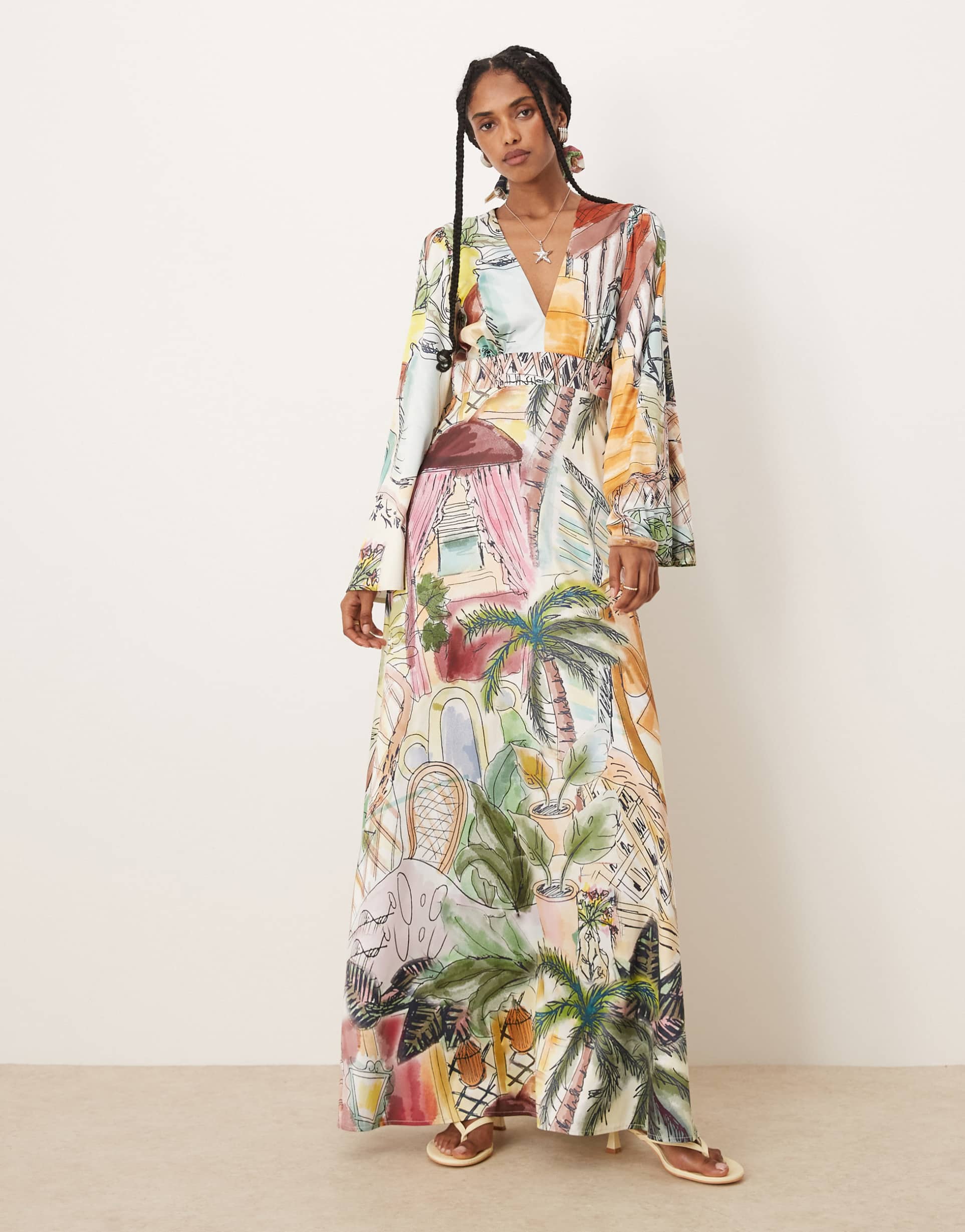 isabelle pennington-edmead nevis satin kimono sleeve maxi dress in sanctuary print