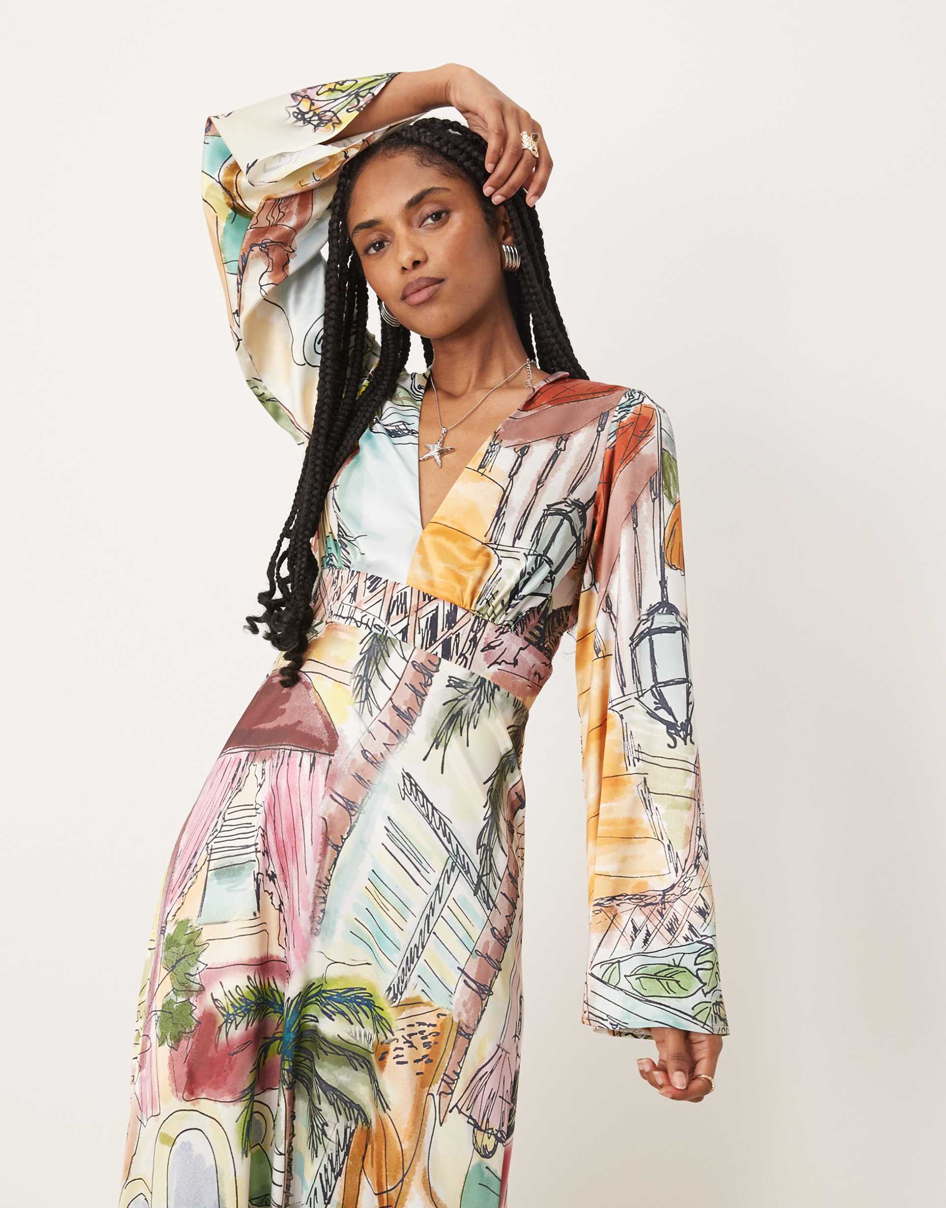 isabelle pennington-edmead nevis satin kimono sleeve maxi dress in sanctuary print