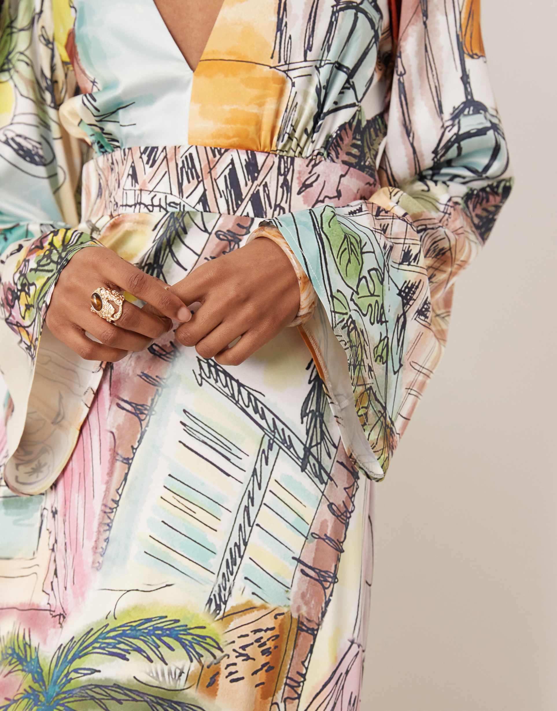 isabelle pennington-edmead nevis satin kimono sleeve maxi dress in sanctuary print