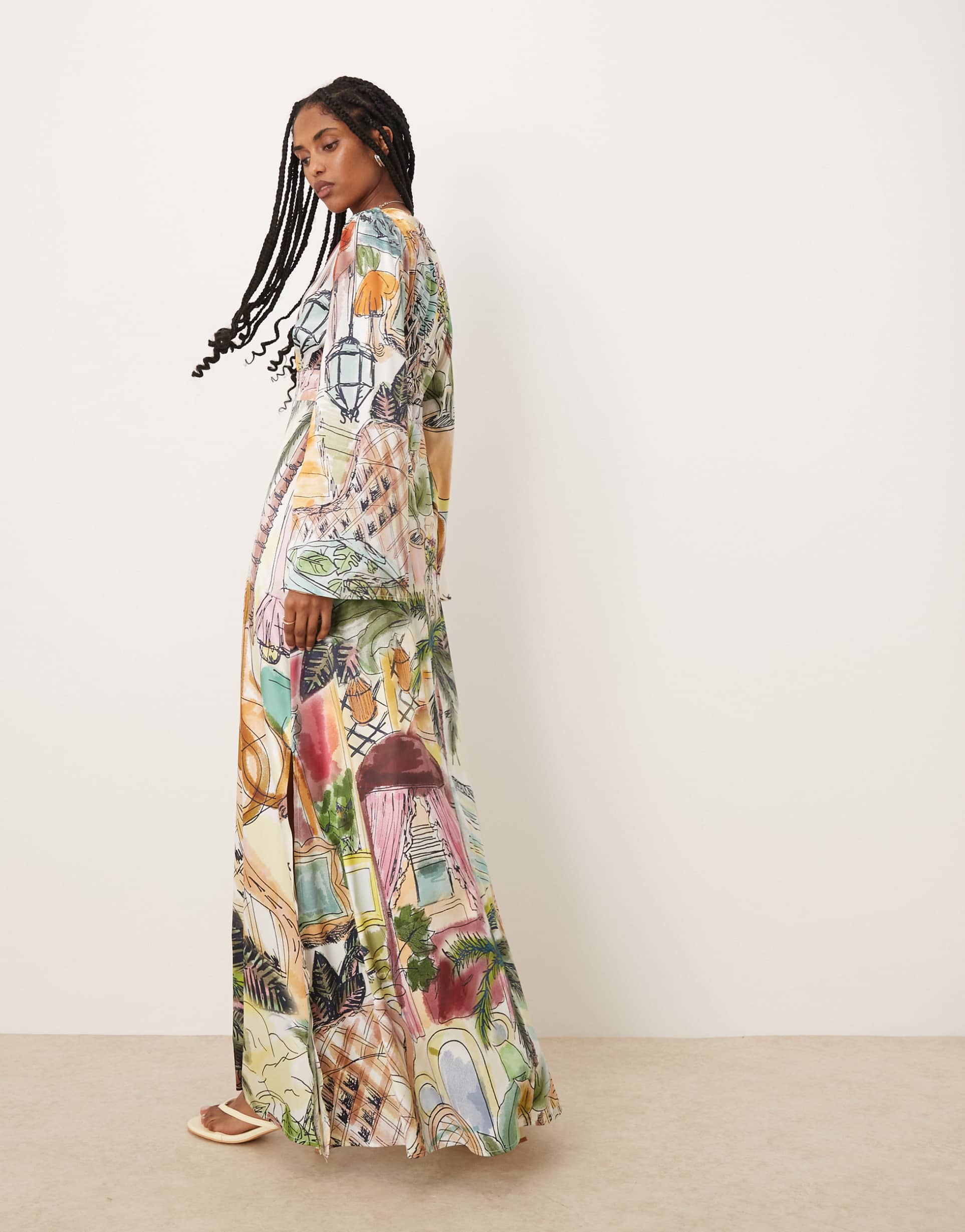 isabelle pennington-edmead nevis satin kimono sleeve maxi dress in sanctuary print