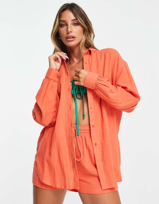 Isla & Bird - Oversized strandoverhemd in oranje, deel van co-ord set 