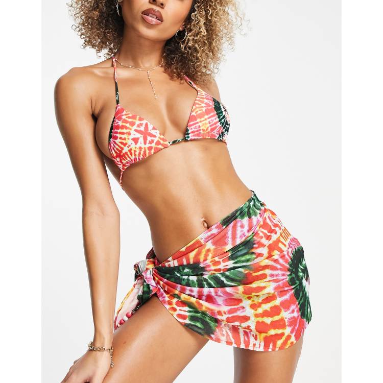 Shirred Triangle Tie Bikini And Sarong 3pc