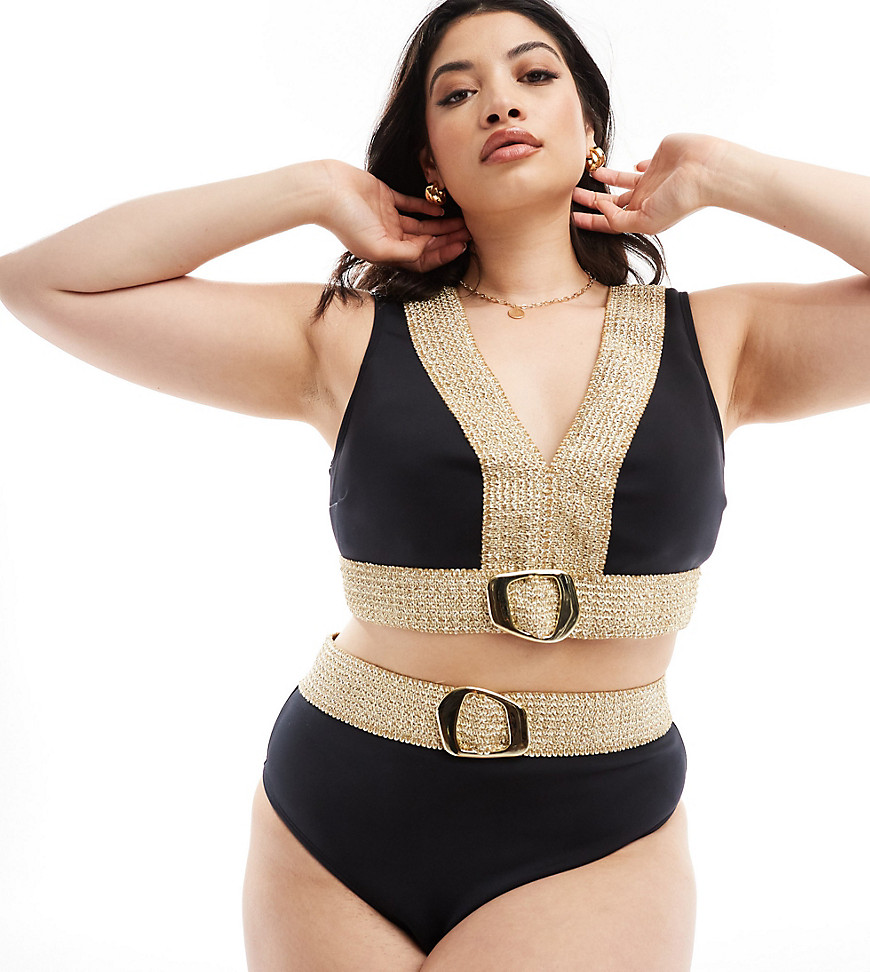 iver Island Plus high waisted bikini bottom with buckle detail in gold and black