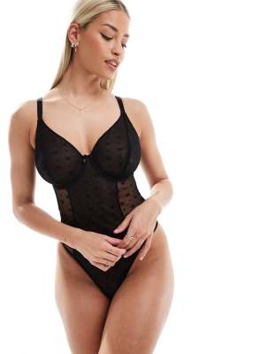 Ivory Rose - Clara - Body aus Mesh mit Jacquardmuster in Schwarz, für die größere Brust: Körbchengröße DD-G