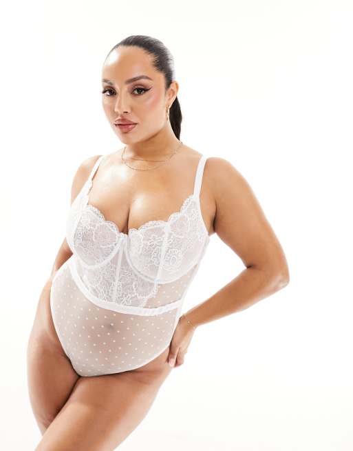 Ivory Rose Curve - Alt til bruden - Vienna - Hvid bodystocking i mesh- og blondestof - Skålstørrelse C-G