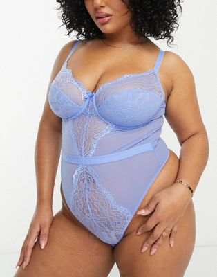 Ivory Rose Curve lace undewired mesh thong bodysuit in blue