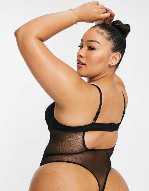 Ivory Rose Curve - Body met string en beugels van kant en mesh in zwart, 2 van 4