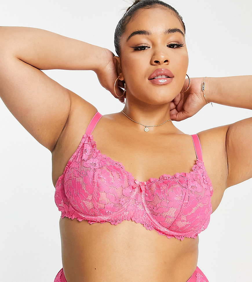 Ivory Rose Curve bold floral lace balconette bra in hot pink
